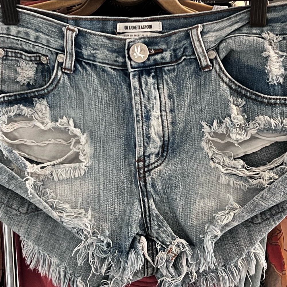One Teaspoon Light Blue Distressed Frayed Hem Jean Shorts